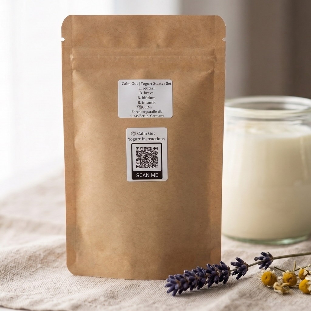 GutMi | L. reuteri + B. breve + B. bifidum + B. infantis | Intestino tranquilo | Kit de iniciación para yogur | Cultivos iniciadores | 3 iniciadores de yogur